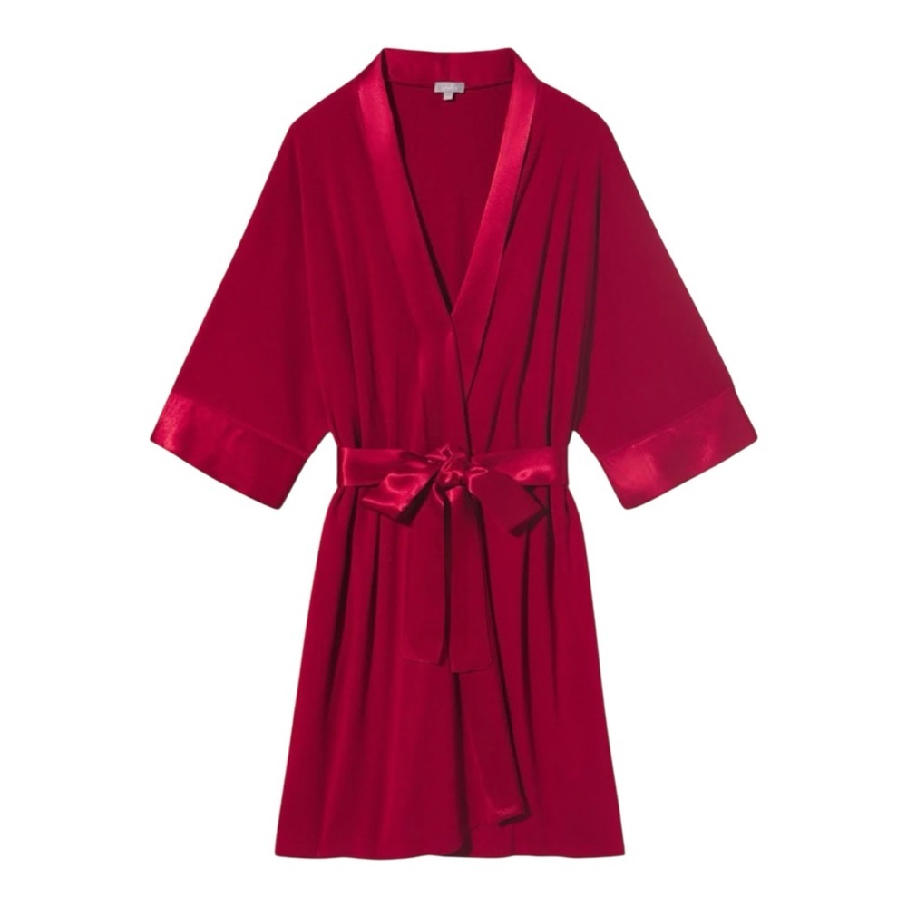 PJ Harlow Shala Red Knit Robe Satin Trim Belted Lounge Robe M/L